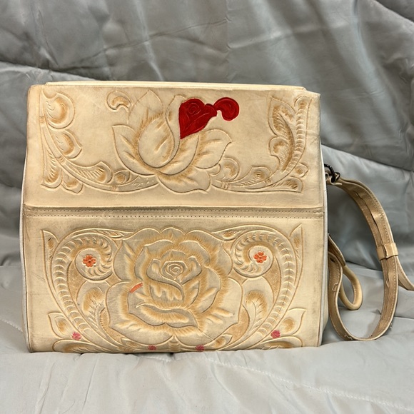 Vintage Leather Hand Tooled RARE Purse 1960s Mexico Ivory Yellow Mayan Roses - Picture 3 of 16